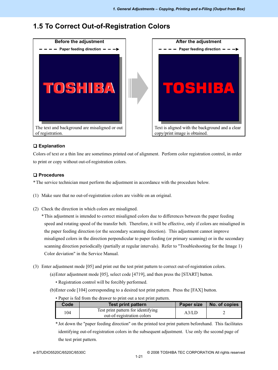 5 to correct out-of-registration colors, 5 to, Correct | Out-of-registration colors -21 | Toshiba e-Studio Imaging 6520c User Manual | Page 31 / 288