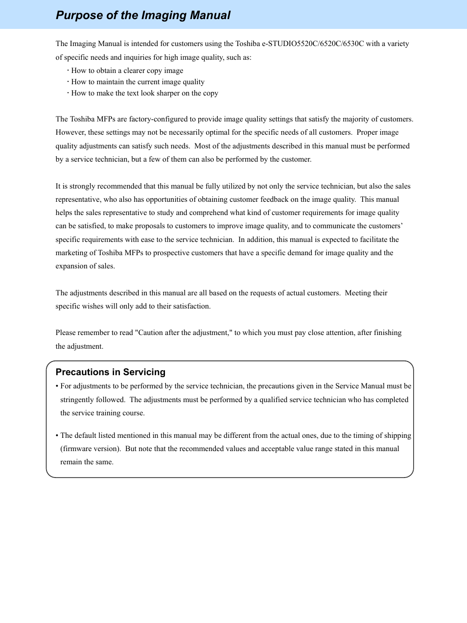 Purpose of the imaging manual | Toshiba e-Studio Imaging 6520c User Manual | Page 5 / 288