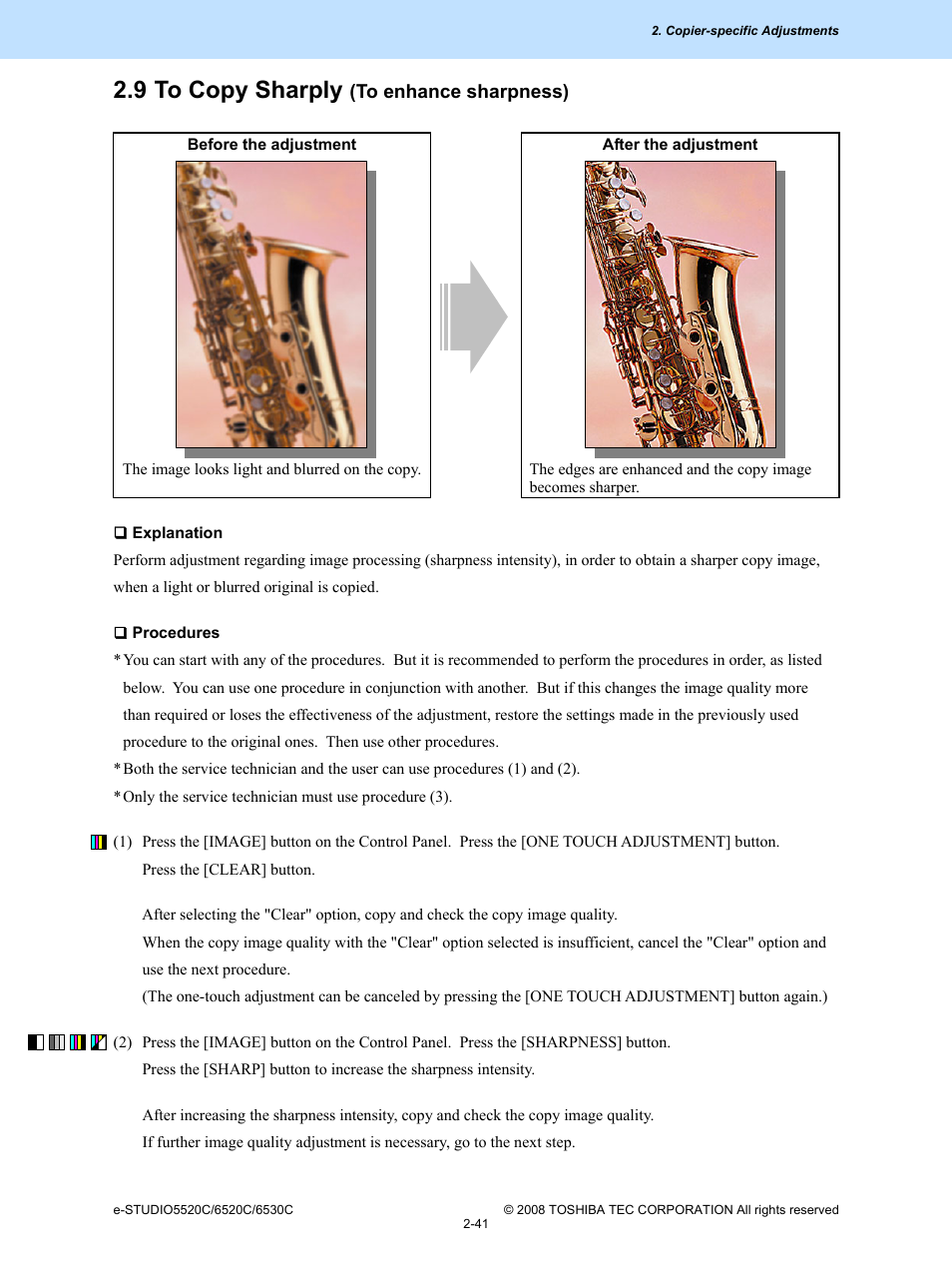 9 to copy sharply (to enhance sharpness), 9 to copy sharply (to enhance sharpness) -41, 9 to copy sharply | Toshiba e-Studio Imaging 6520c User Manual | Page 75 / 288