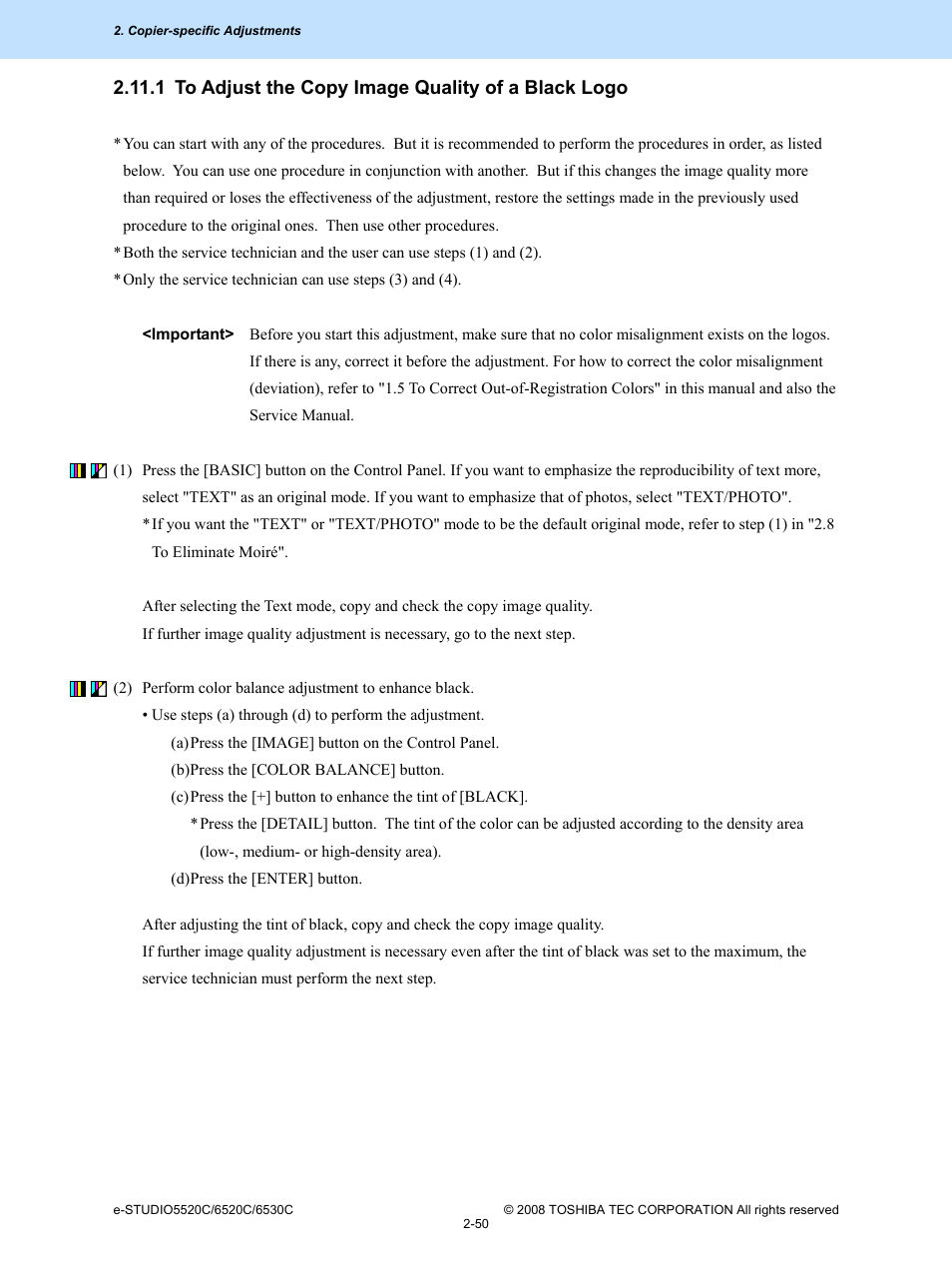 1 to adjust the copy image quality of a black logo | Toshiba e-Studio Imaging 6520c User Manual | Page 84 / 288