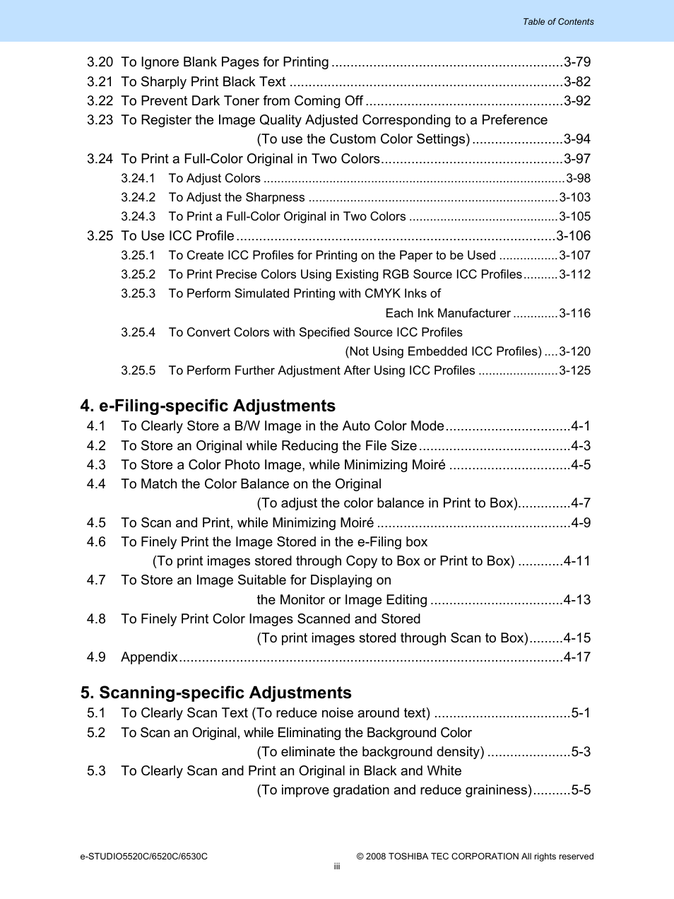 E-filing-specific adjustments, Scanning-specific adjustments | Toshiba e-Studio Imaging 6520c User Manual | Page 9 / 288