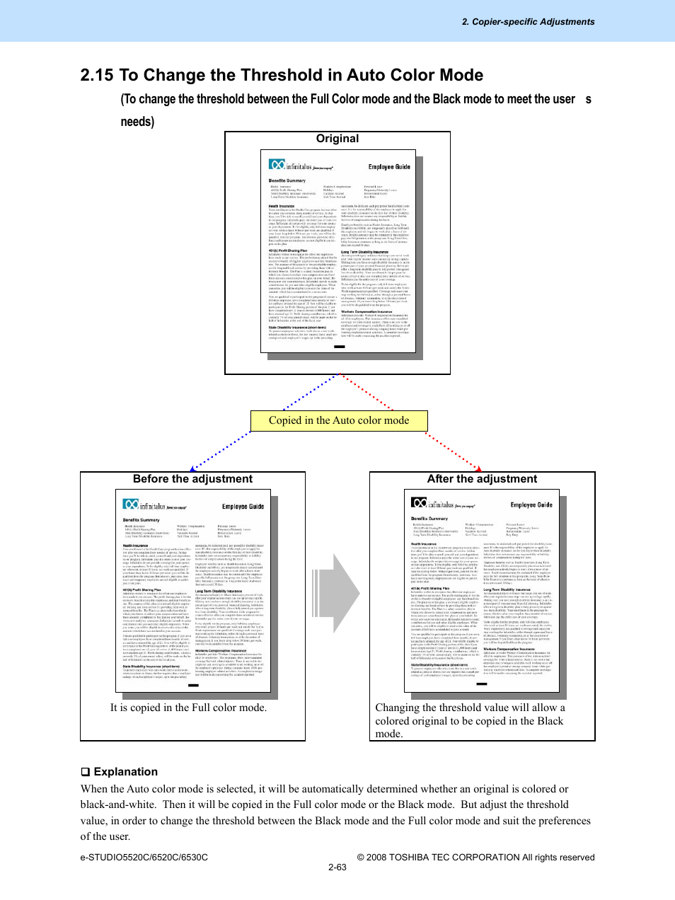 15 to change the threshold in auto color mode | Toshiba e-Studio Imaging 6520c User Manual | Page 97 / 288