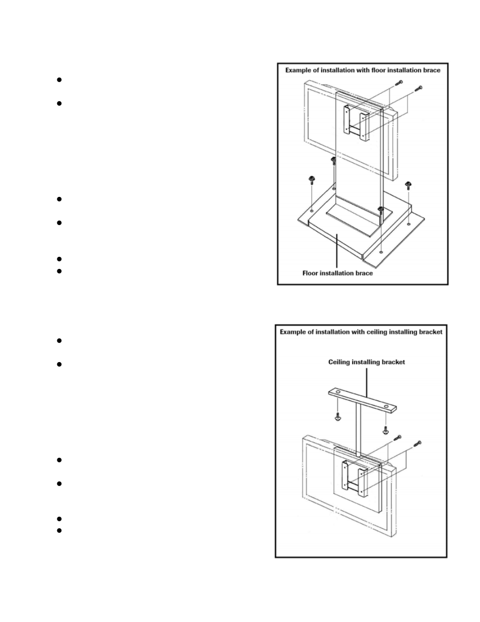 How to install the lcd monitor on the floor, How to install the lcd monitor to the ceiling, Floor installation brace for lcd monitor | Fixing the floor installation brace to the floor, Wiring and mounting of the lcd monitor, Ceiling installing bracket for lcd monitor | Toshiba P32LSA User Manual | Page 23 / 33