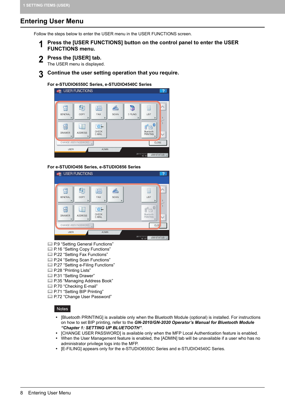 Entering user menu | Toshiba multifunctional digital color systems e-STUDIO4540C User Manual | Page 10 / 282