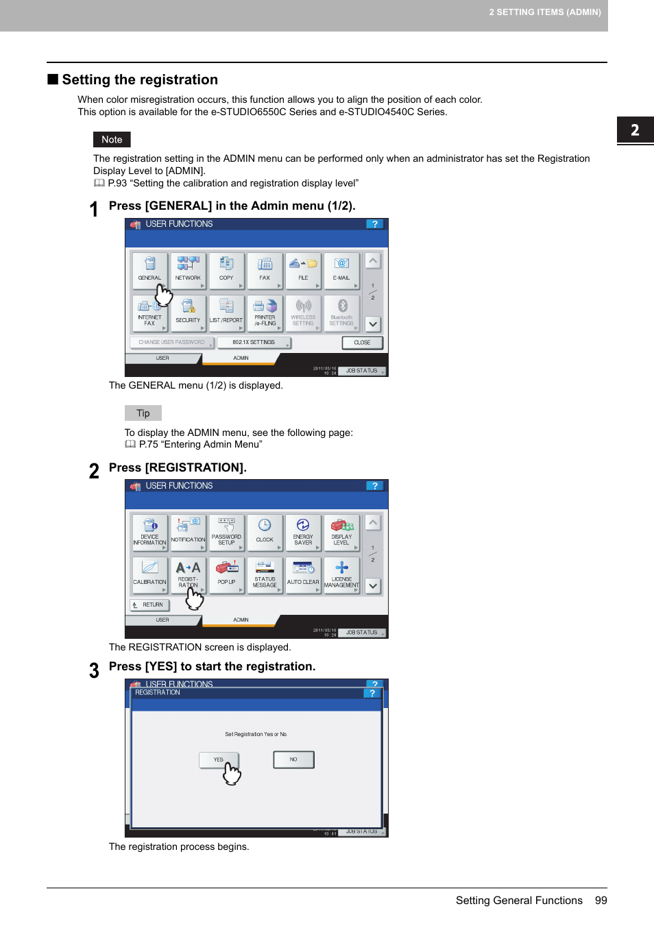 Setting the registration, P.99 “setting the registration | Toshiba multifunctional digital color systems e-STUDIO4540C User Manual | Page 101 / 282