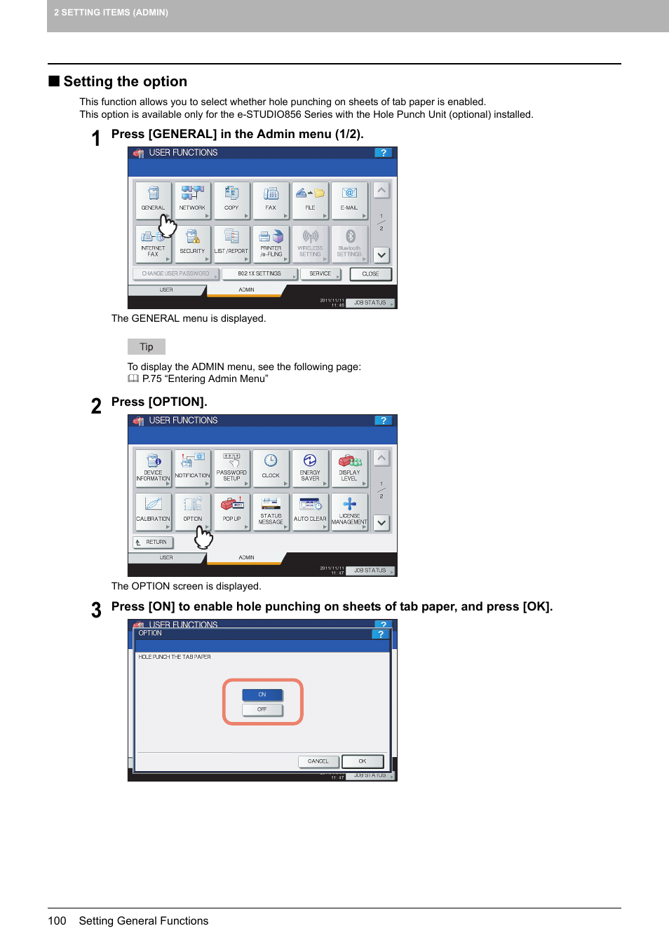 Setting the option, P.100 “setting the option | Toshiba multifunctional digital color systems e-STUDIO4540C User Manual | Page 102 / 282