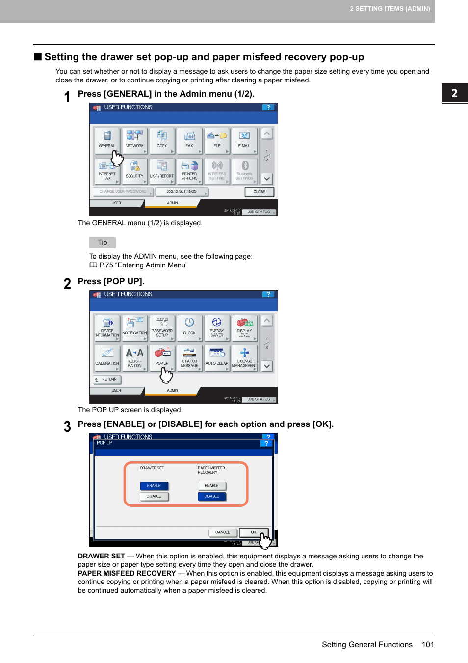 P.101 “setting the drawer set pop-up and paper, Misfeed recovery pop-up | Toshiba multifunctional digital color systems e-STUDIO4540C User Manual | Page 103 / 282