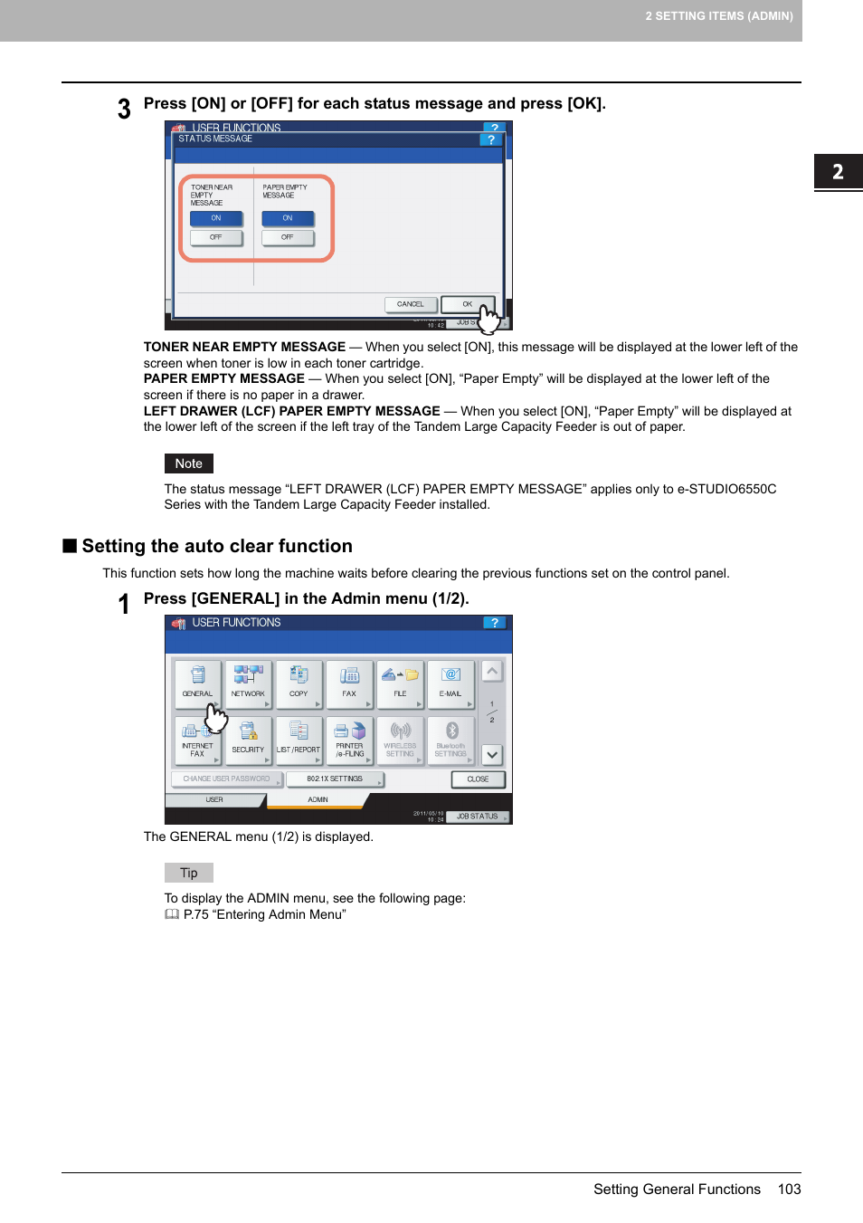 Setting the auto clear function, P.103 “setting the auto clear function | Toshiba multifunctional digital color systems e-STUDIO4540C User Manual | Page 105 / 282