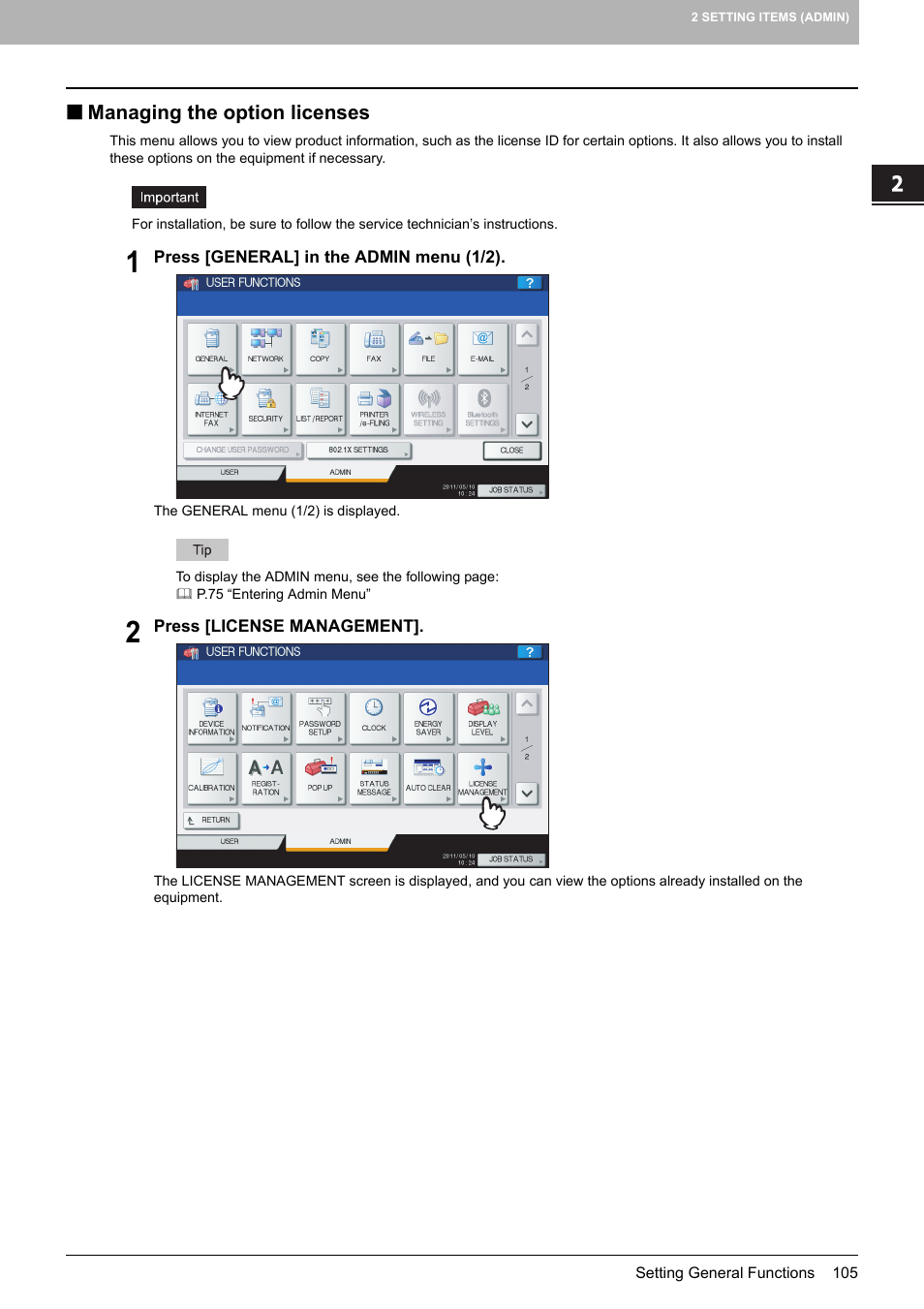 Managing the option licenses, P.105 “managing the option licenses | Toshiba multifunctional digital color systems e-STUDIO4540C User Manual | Page 107 / 282