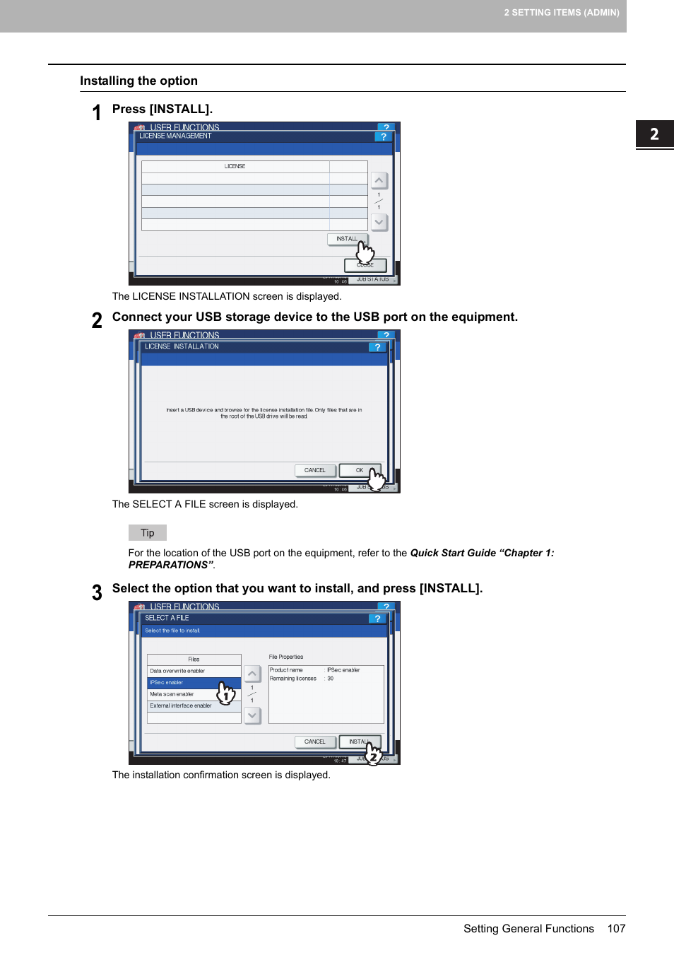 P.107 “installing the option | Toshiba multifunctional digital color systems e-STUDIO4540C User Manual | Page 109 / 282