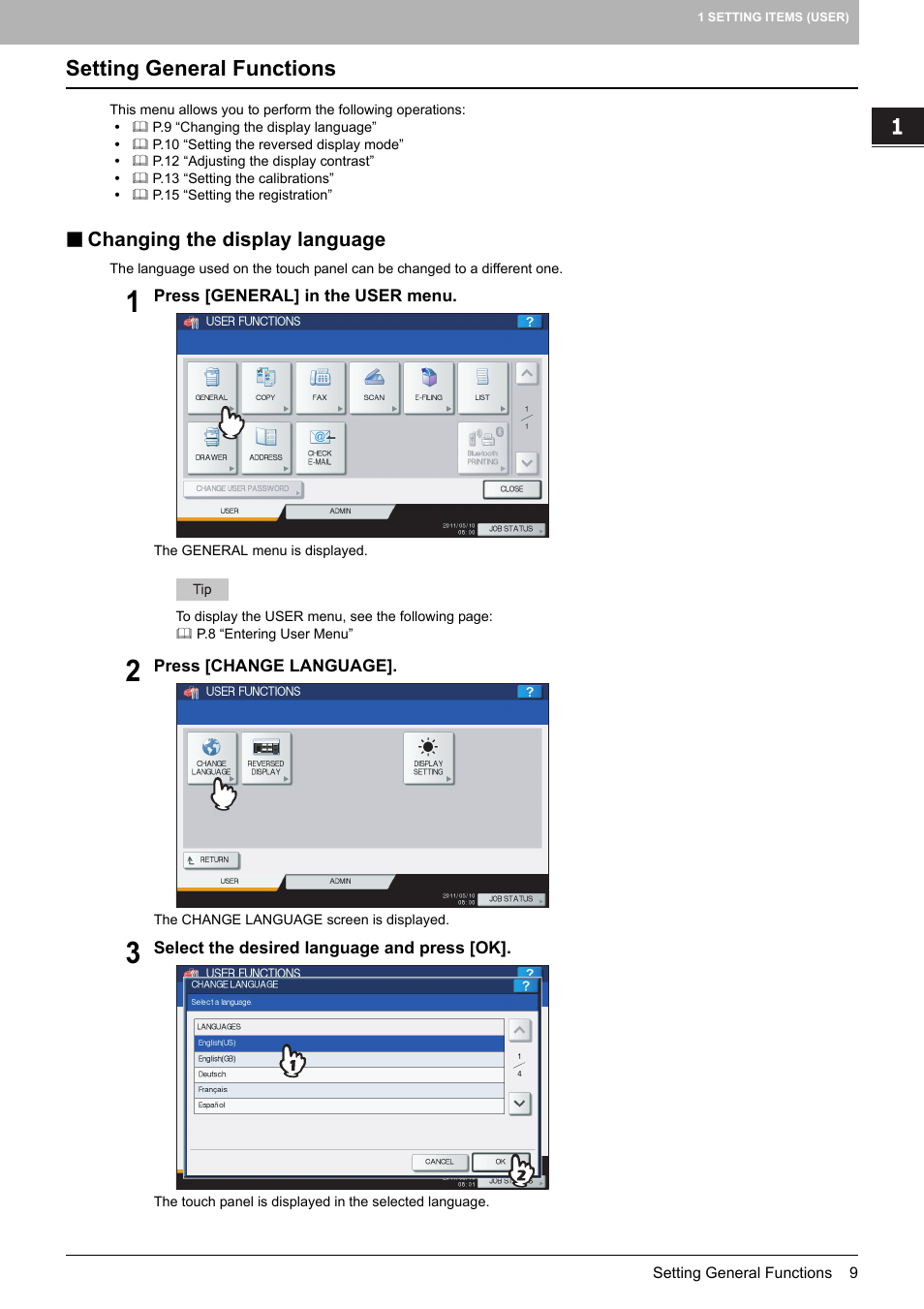 Setting general functions, Changing the display language, P.9 “setting general functions | Toshiba multifunctional digital color systems e-STUDIO4540C User Manual | Page 11 / 282