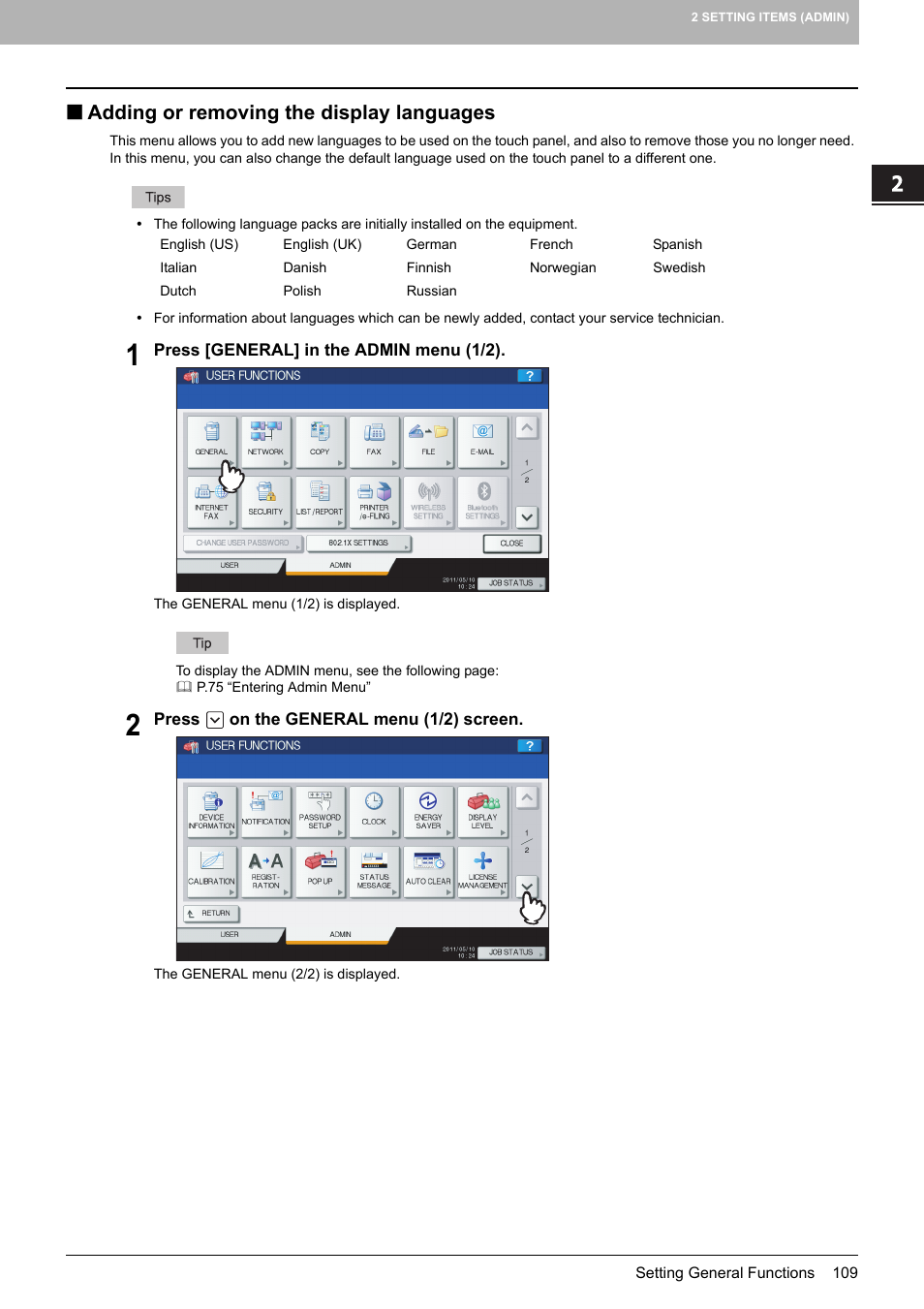 Adding or removing the display languages, P.109 “adding or removing the display languages | Toshiba multifunctional digital color systems e-STUDIO4540C User Manual | Page 111 / 282