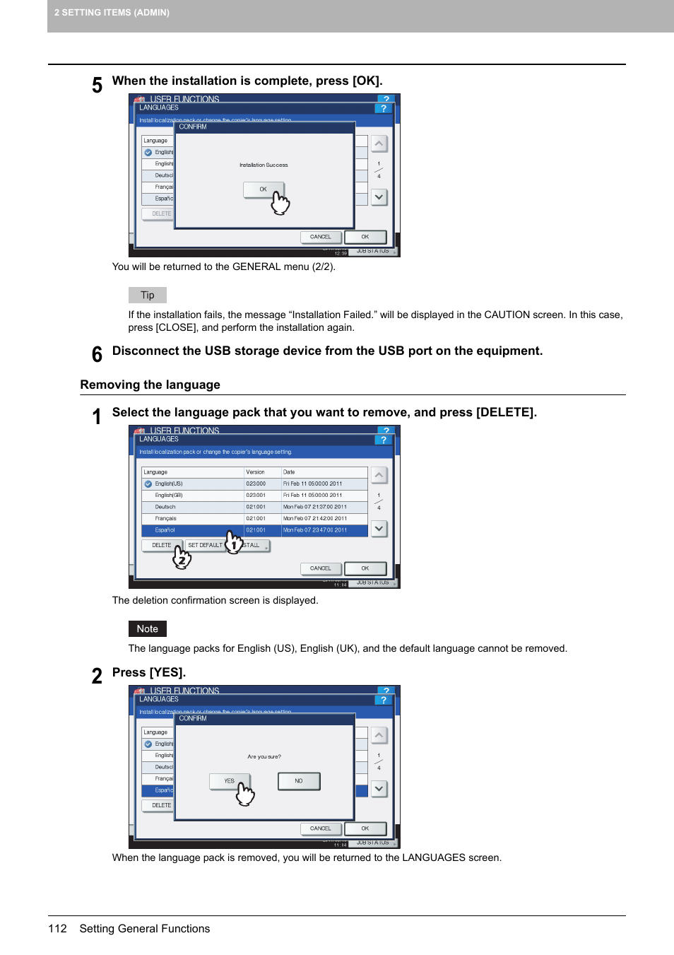 P.112 “removing the language | Toshiba multifunctional digital color systems e-STUDIO4540C User Manual | Page 114 / 282