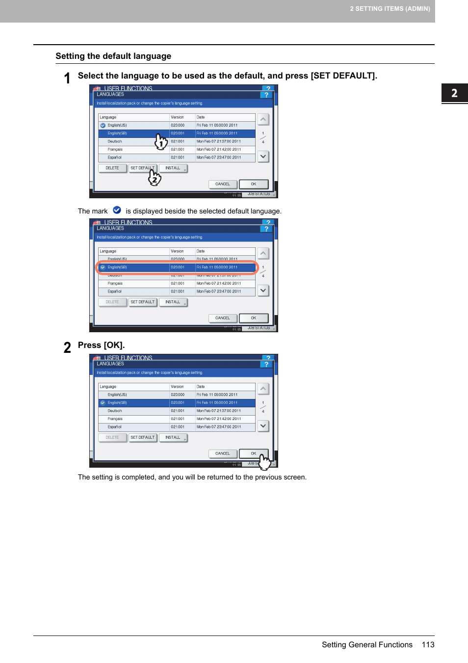 P.113 “setting the default language | Toshiba multifunctional digital color systems e-STUDIO4540C User Manual | Page 115 / 282