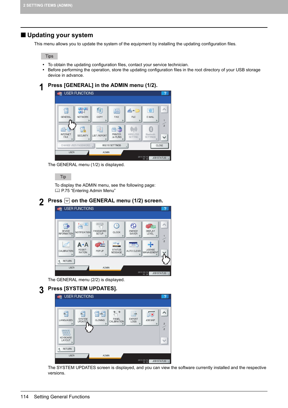 Updating your system, P.114 “updating your system | Toshiba multifunctional digital color systems e-STUDIO4540C User Manual | Page 116 / 282