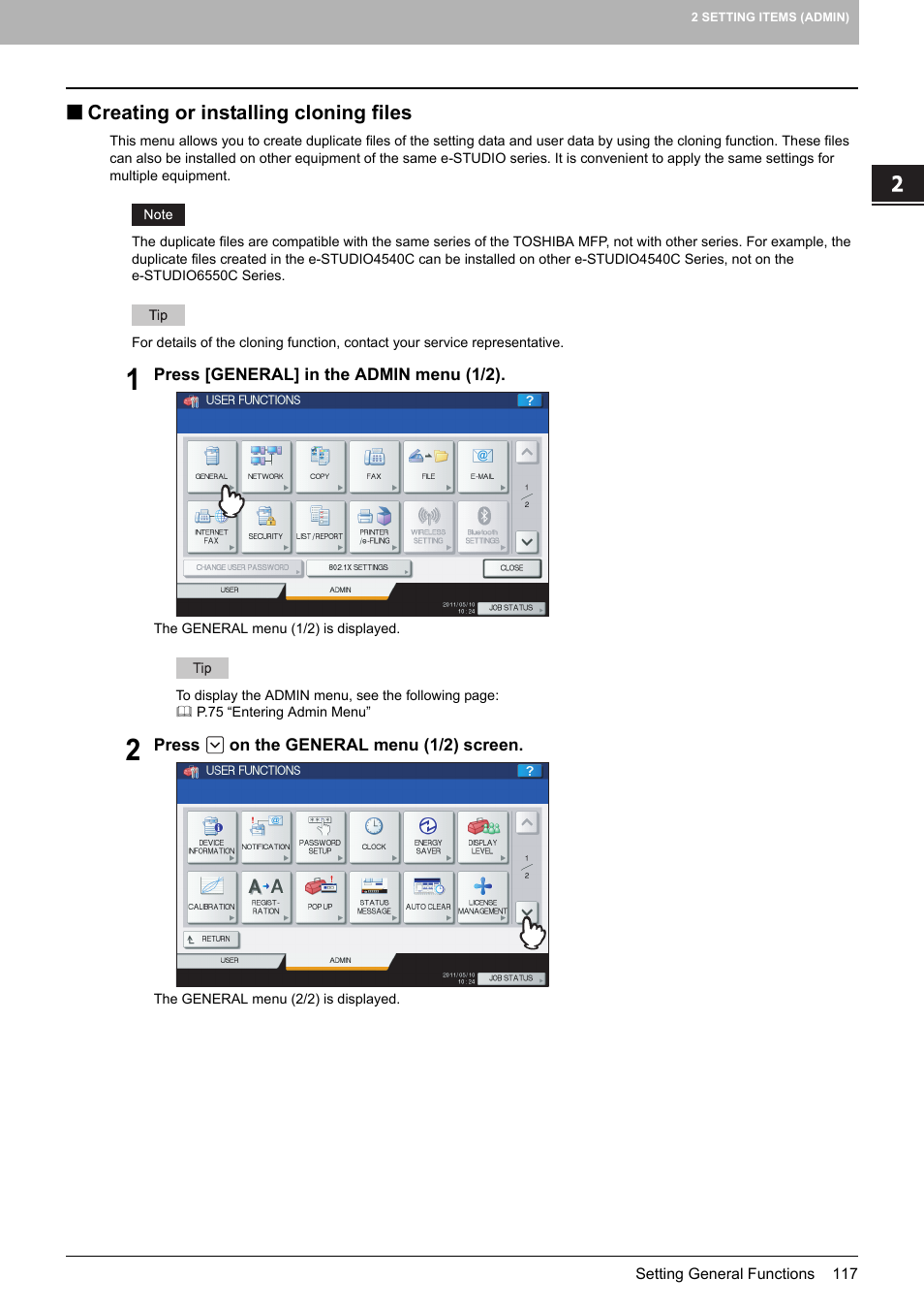 Creating or installing cloning files, P.117 “creating or installing cloning files | Toshiba multifunctional digital color systems e-STUDIO4540C User Manual | Page 119 / 282