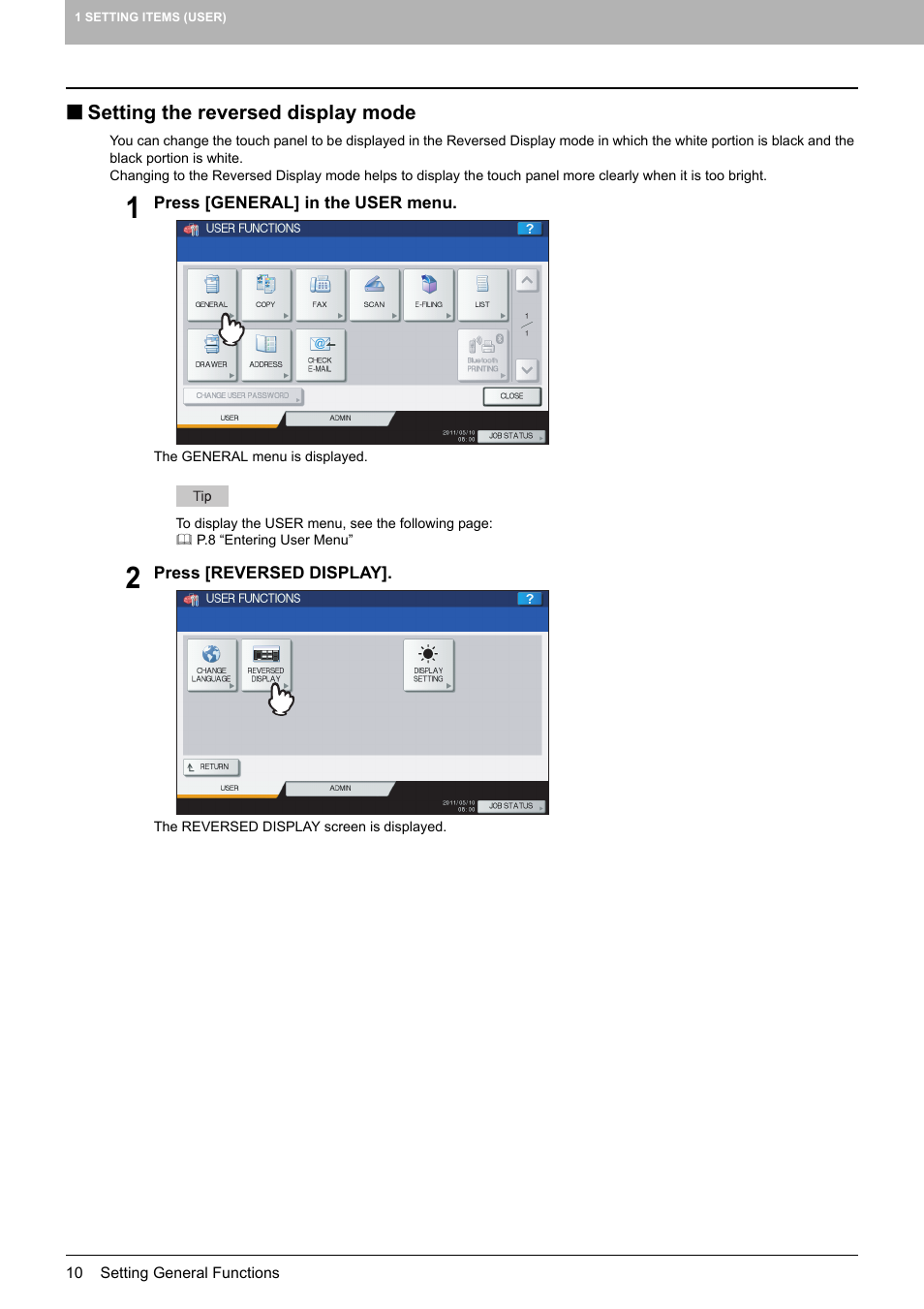 Setting the reversed display mode, P.10 “setting the reversed display mode | Toshiba multifunctional digital color systems e-STUDIO4540C User Manual | Page 12 / 282