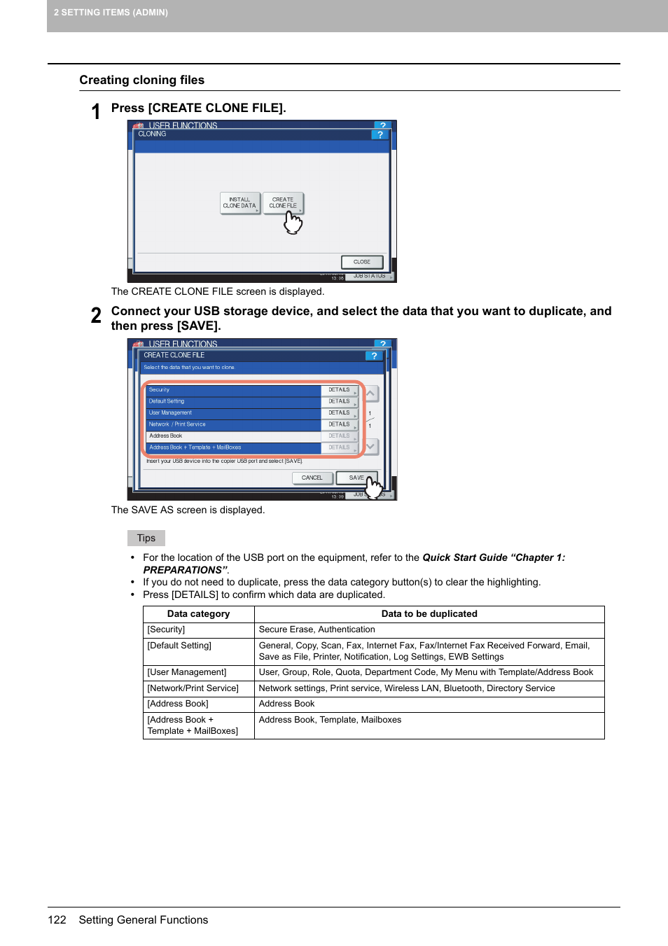 P.122 “creating cloning files | Toshiba multifunctional digital color systems e-STUDIO4540C User Manual | Page 124 / 282