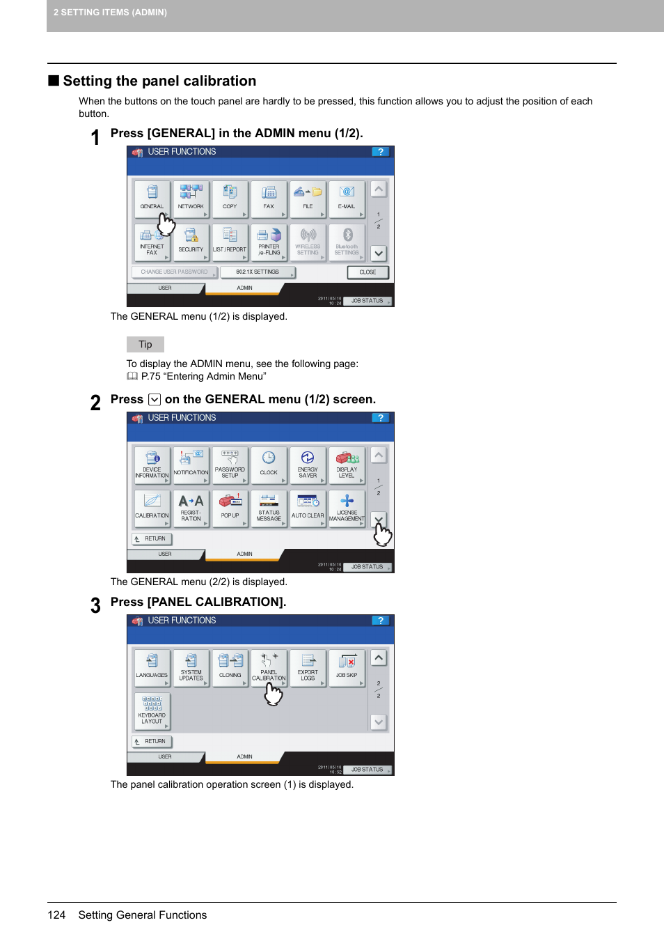 Setting the panel calibration, P.124 “setting the panel calibration | Toshiba multifunctional digital color systems e-STUDIO4540C User Manual | Page 126 / 282