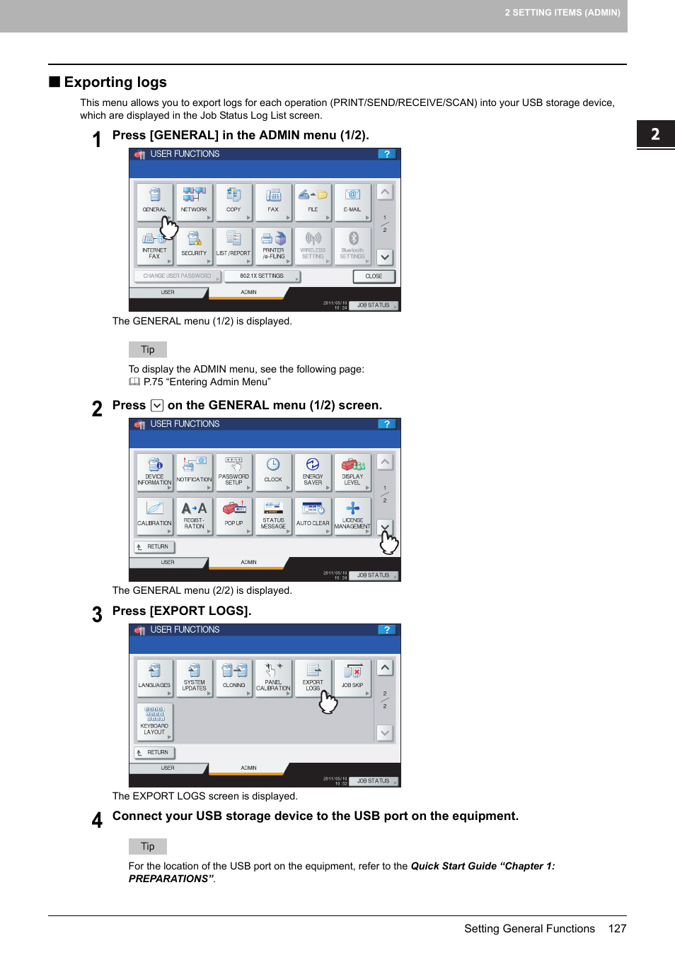 Exporting logs, P.127 “exporting logs | Toshiba multifunctional digital color systems e-STUDIO4540C User Manual | Page 129 / 282