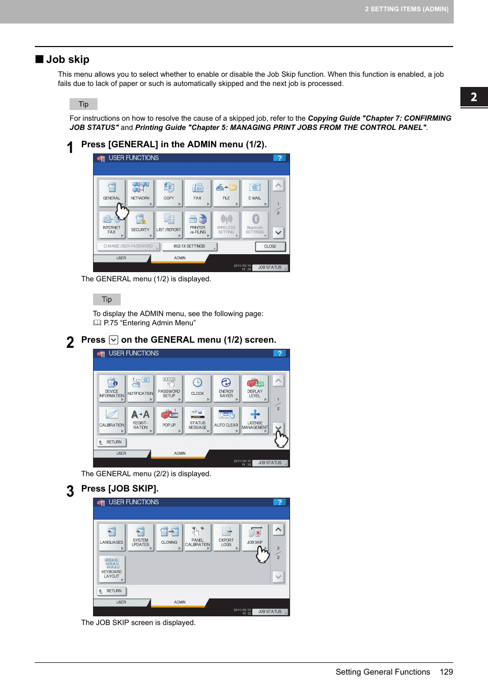 Job skip, P.129 “job skip | Toshiba multifunctional digital color systems e-STUDIO4540C User Manual | Page 131 / 282