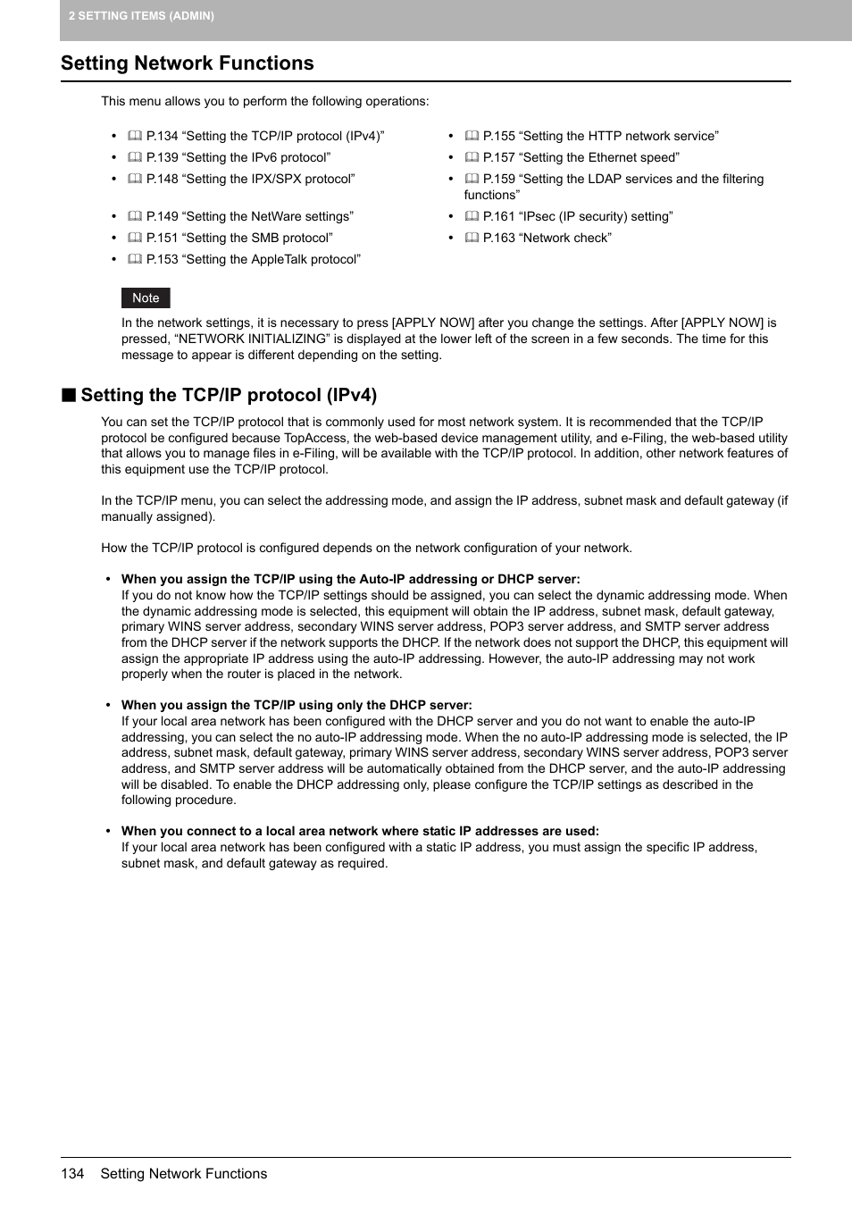 Setting network functions, Setting the tcp/ip protocol (ipv4), P.134 “setting network functions | Toshiba multifunctional digital color systems e-STUDIO4540C User Manual | Page 136 / 282