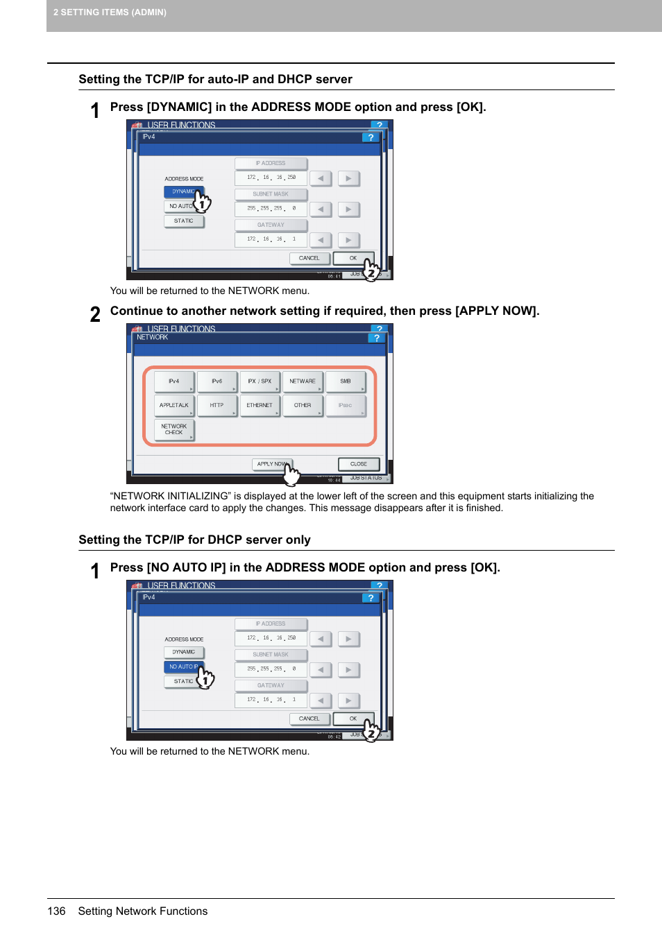 P.136 “setting the tcp/ip for dhcp server only | Toshiba multifunctional digital color systems e-STUDIO4540C User Manual | Page 138 / 282