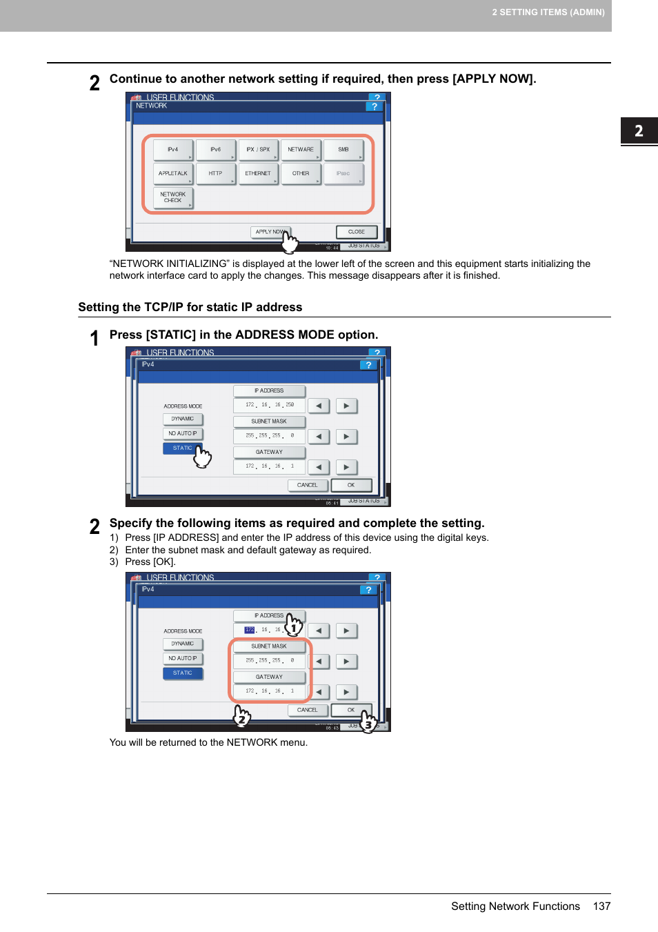 P.137 “setting the tcp/ip for static ip address | Toshiba multifunctional digital color systems e-STUDIO4540C User Manual | Page 139 / 282