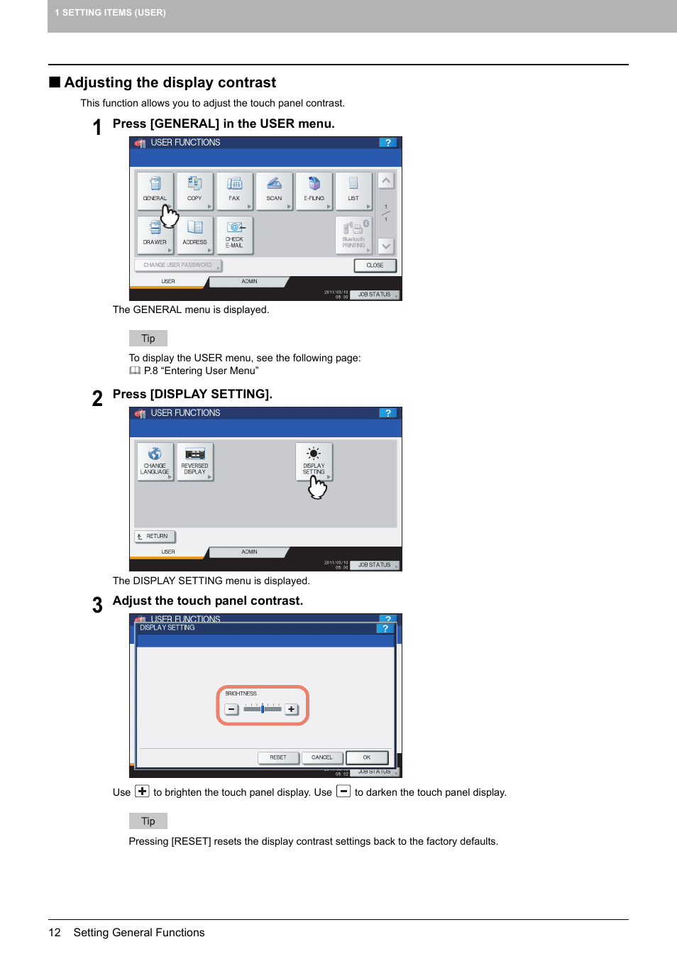 Adjusting the display contrast, P.12 “adjusting the display contrast | Toshiba multifunctional digital color systems e-STUDIO4540C User Manual | Page 14 / 282