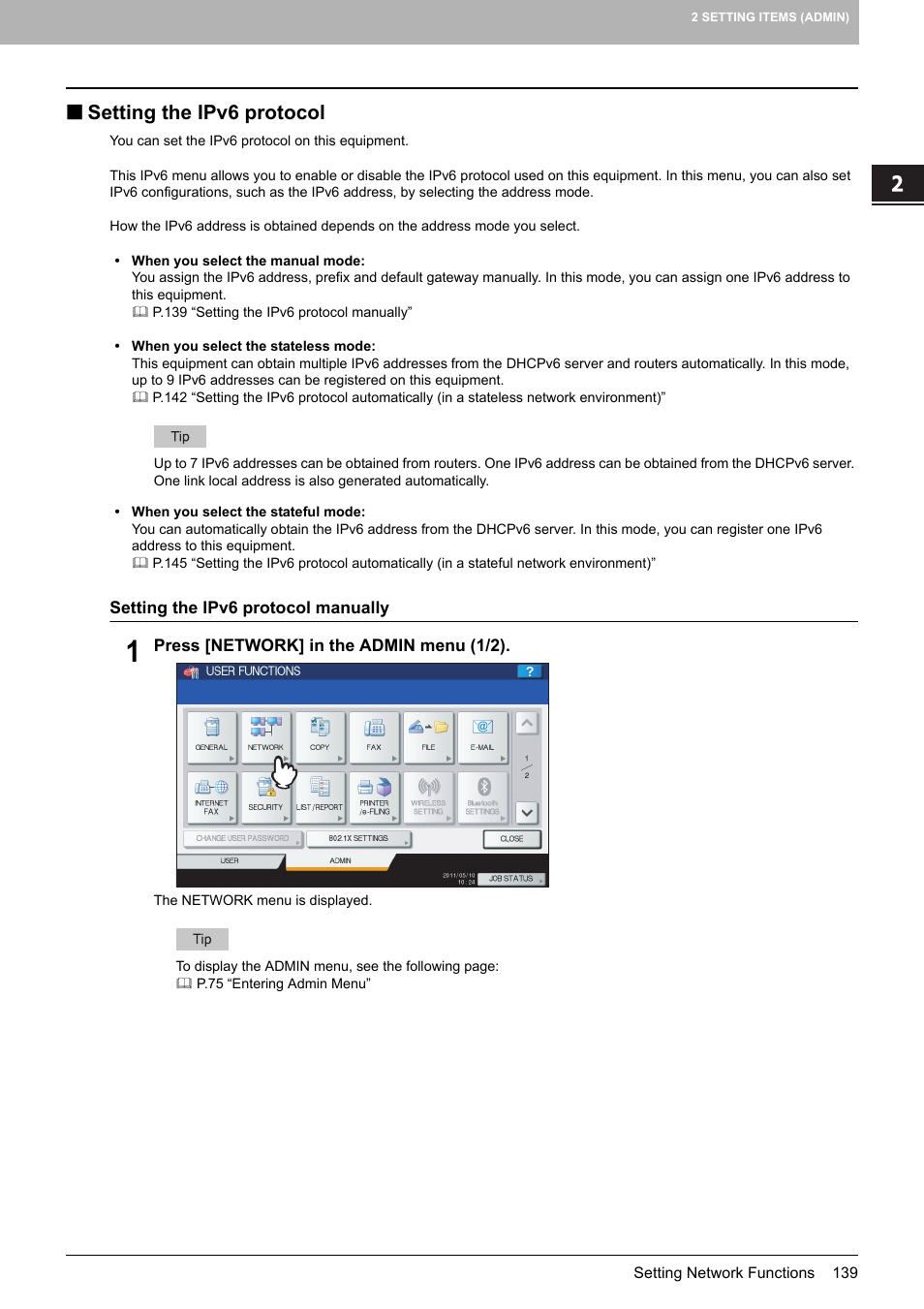 Setting the ipv6 protocol, P.139 “setting the ipv6 protocol | Toshiba multifunctional digital color systems e-STUDIO4540C User Manual | Page 141 / 282