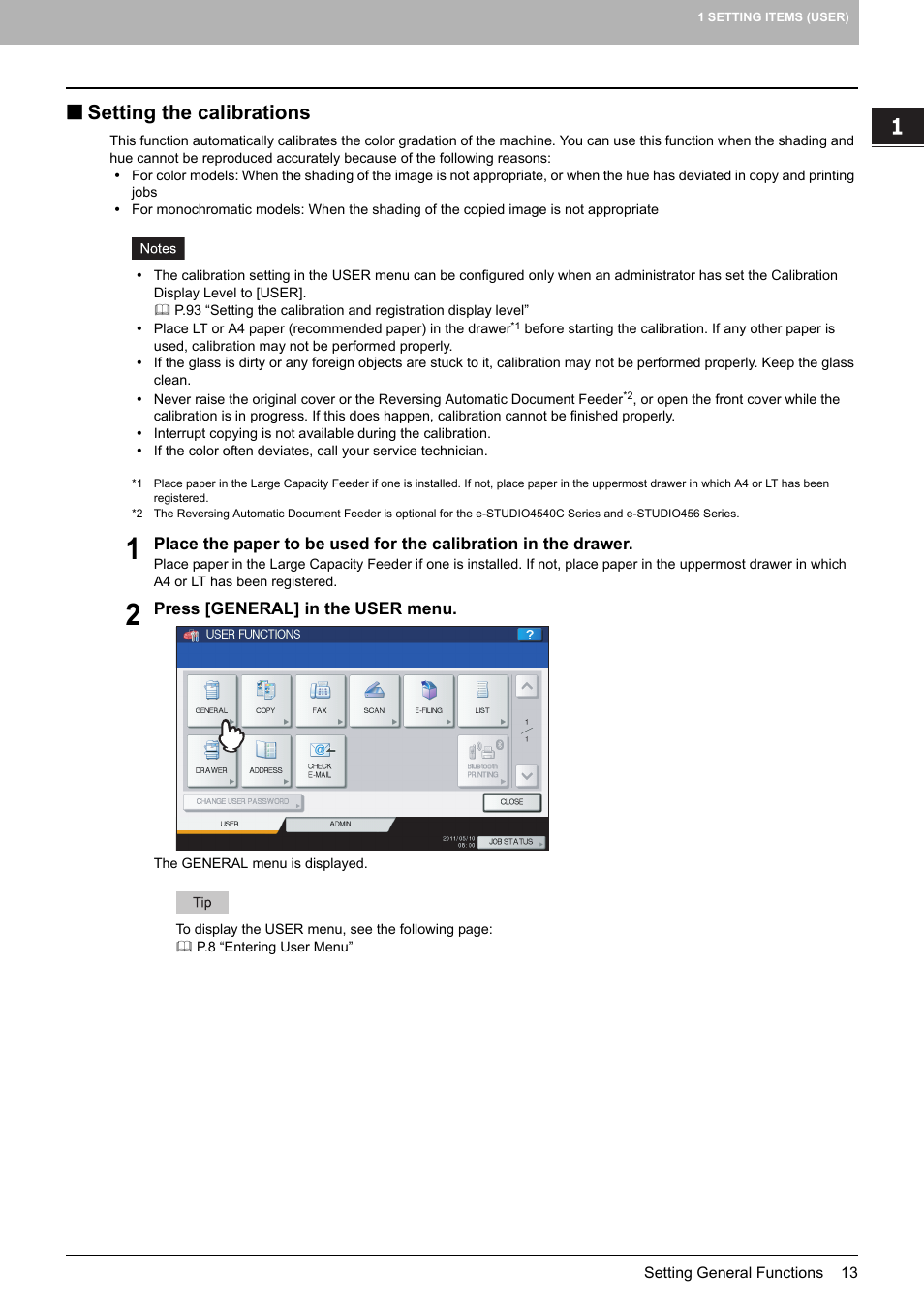 Setting the calibrations, P.13 “setting the calibrations | Toshiba multifunctional digital color systems e-STUDIO4540C User Manual | Page 15 / 282