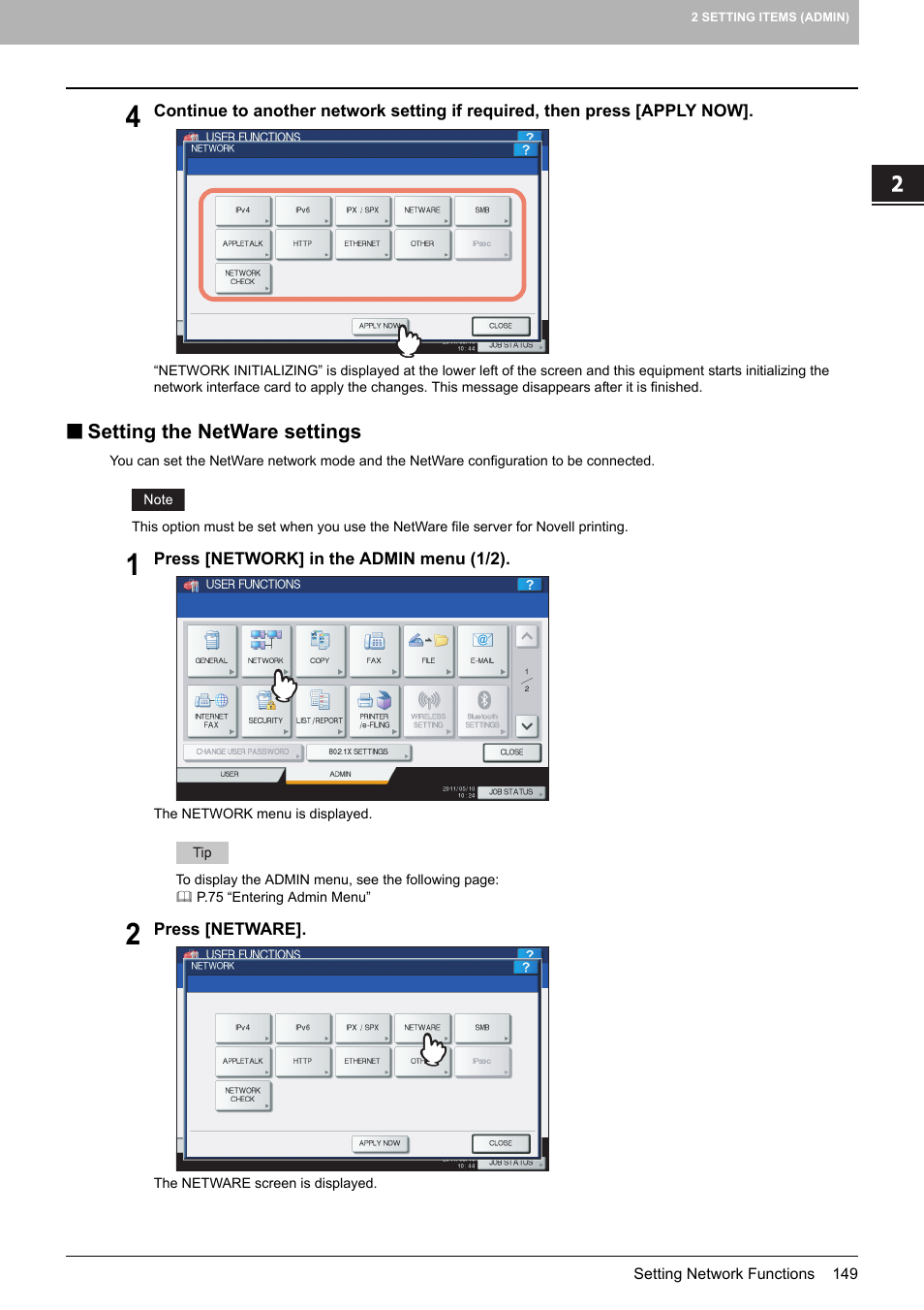 Setting the netware settings, P.149 “setting the netware settings | Toshiba multifunctional digital color systems e-STUDIO4540C User Manual | Page 151 / 282