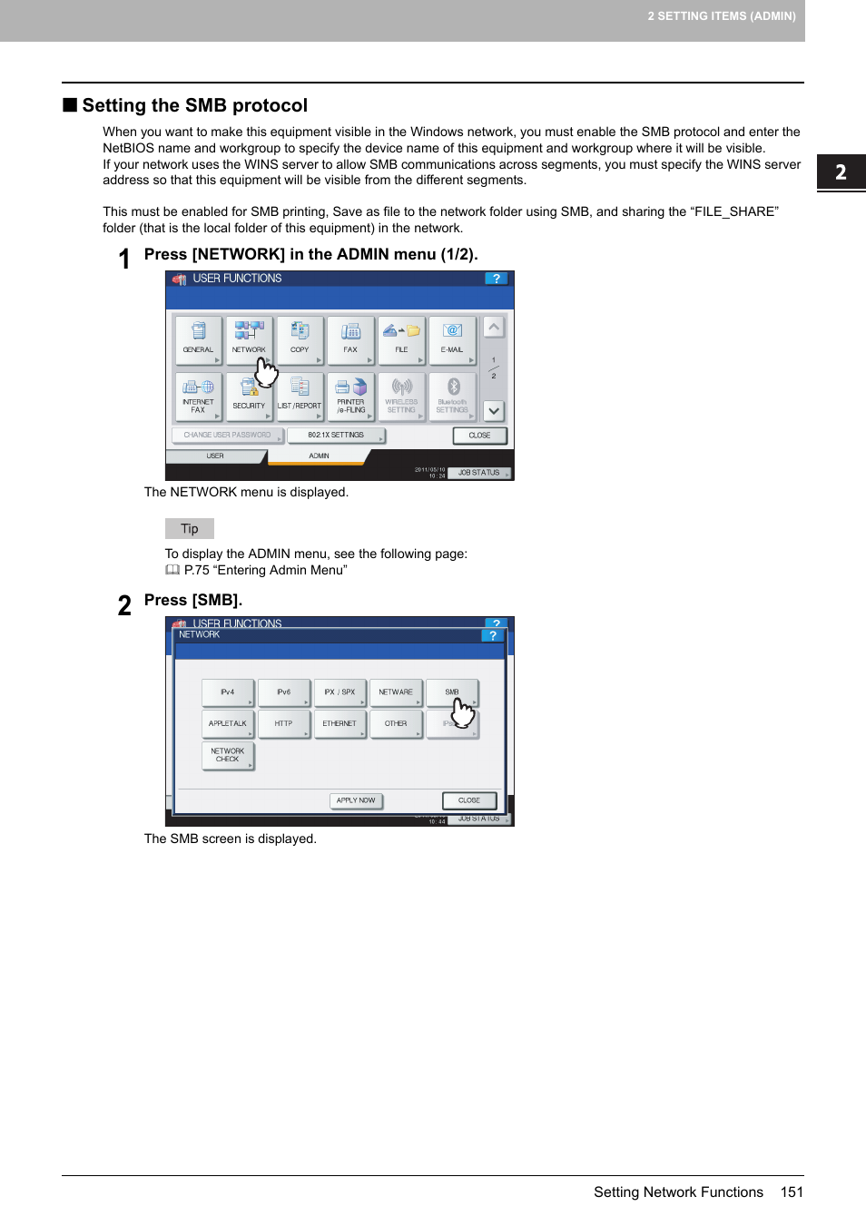 Setting the smb protocol, P.151 “setting the smb protocol | Toshiba multifunctional digital color systems e-STUDIO4540C User Manual | Page 153 / 282