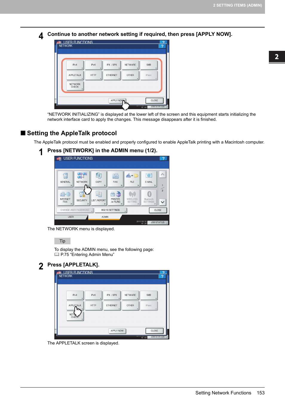 Setting the appletalk protocol, P.153 “setting the appletalk protocol | Toshiba multifunctional digital color systems e-STUDIO4540C User Manual | Page 155 / 282