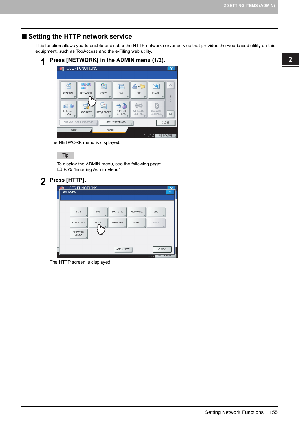 Setting the http network service, P.155 “setting the http network service | Toshiba multifunctional digital color systems e-STUDIO4540C User Manual | Page 157 / 282