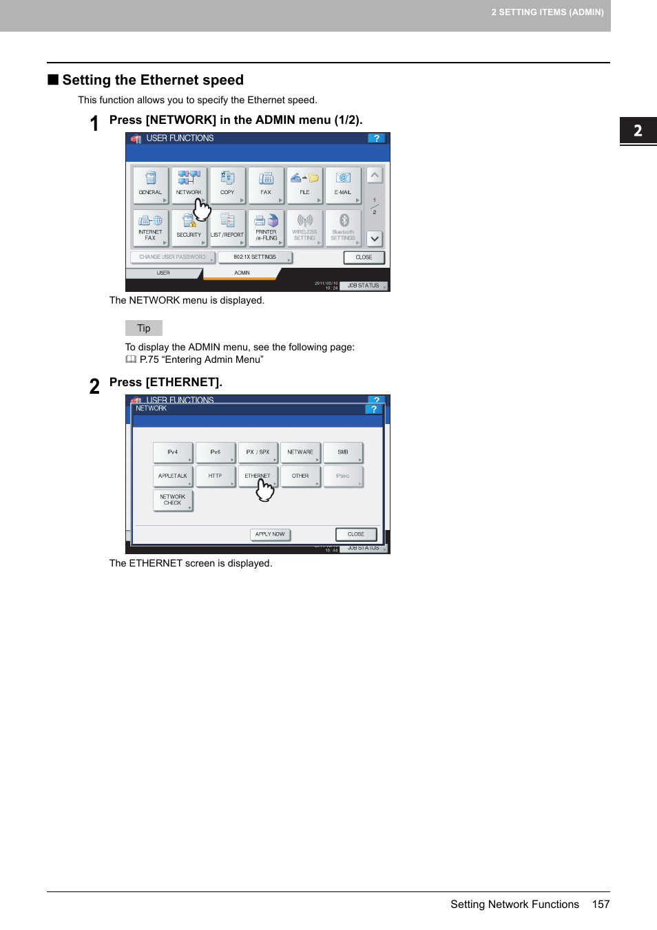 Setting the ethernet speed, P.157 “setting the ethernet speed | Toshiba multifunctional digital color systems e-STUDIO4540C User Manual | Page 159 / 282