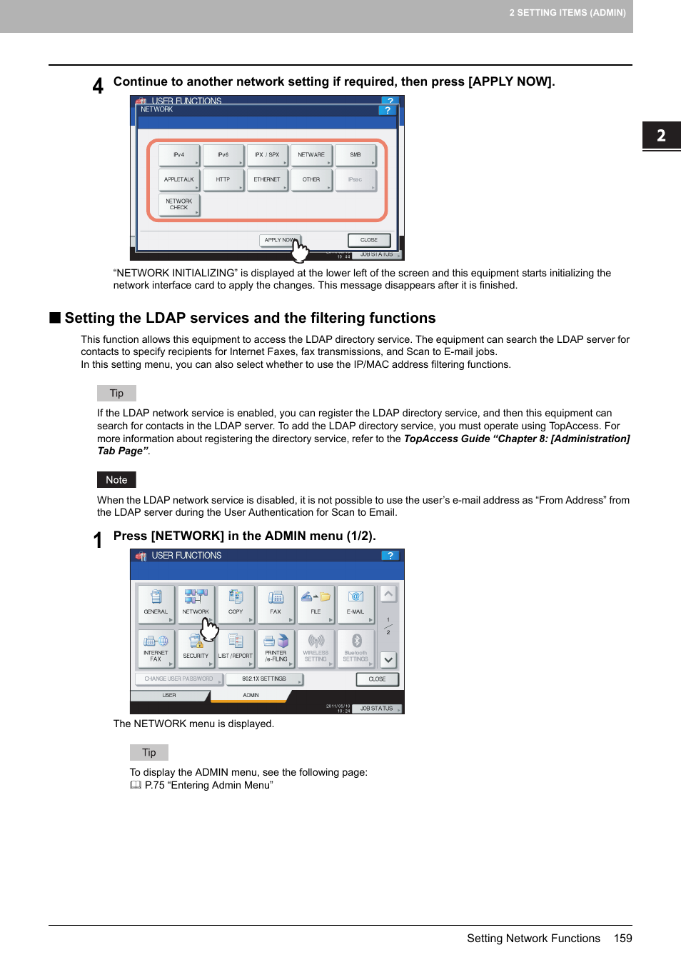 P.159 “setting the ldap services and the filtering, Functions | Toshiba multifunctional digital color systems e-STUDIO4540C User Manual | Page 161 / 282