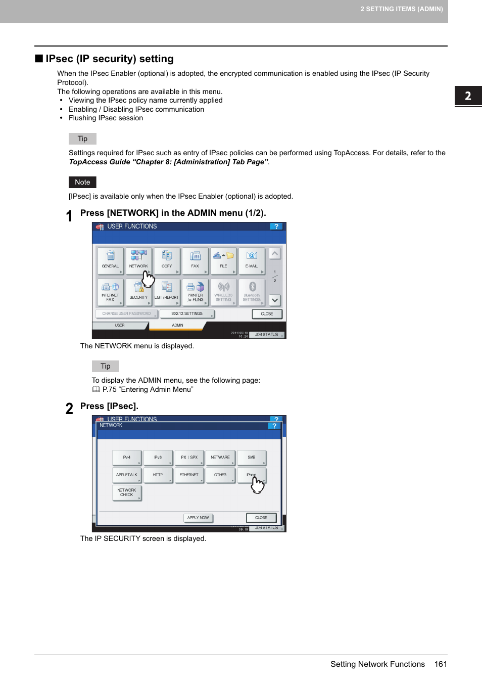 Ipsec (ip security) setting, P.161 “ipsec (ip security) setting | Toshiba multifunctional digital color systems e-STUDIO4540C User Manual | Page 163 / 282