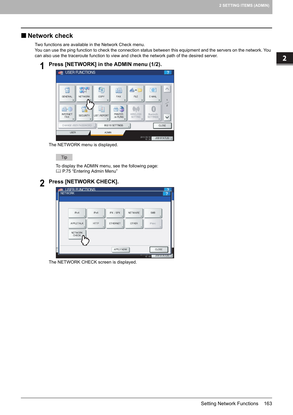 Network check, P.163 “network check | Toshiba multifunctional digital color systems e-STUDIO4540C User Manual | Page 165 / 282