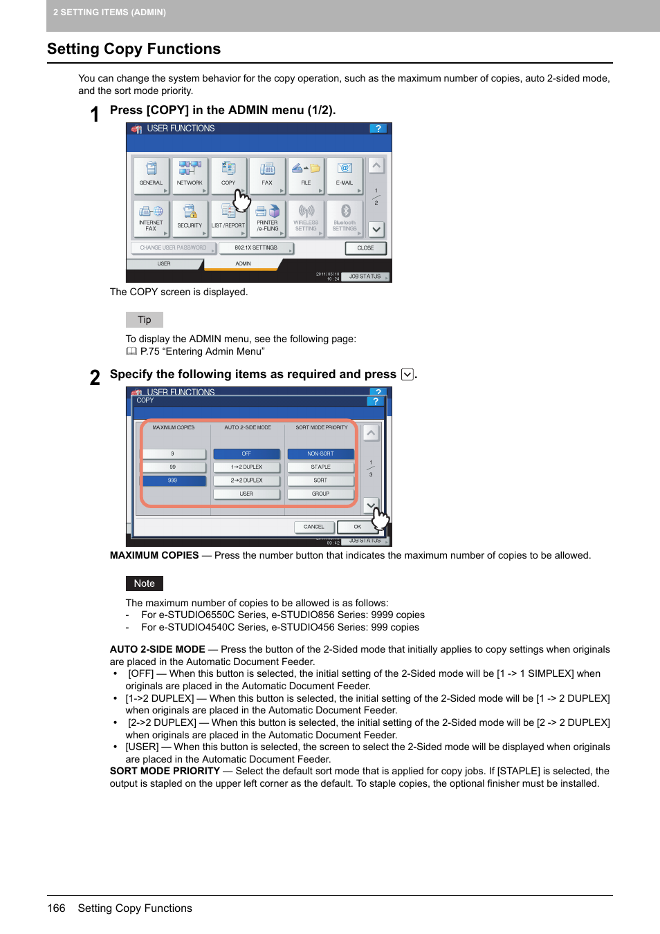 Setting copy functions, P.166 “setting copy functions | Toshiba multifunctional digital color systems e-STUDIO4540C User Manual | Page 168 / 282