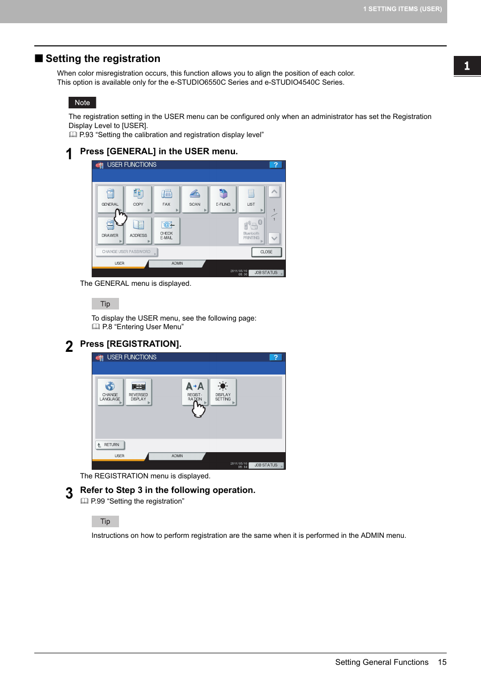 Setting the registration, P.15 “setting the registration | Toshiba multifunctional digital color systems e-STUDIO4540C User Manual | Page 17 / 282