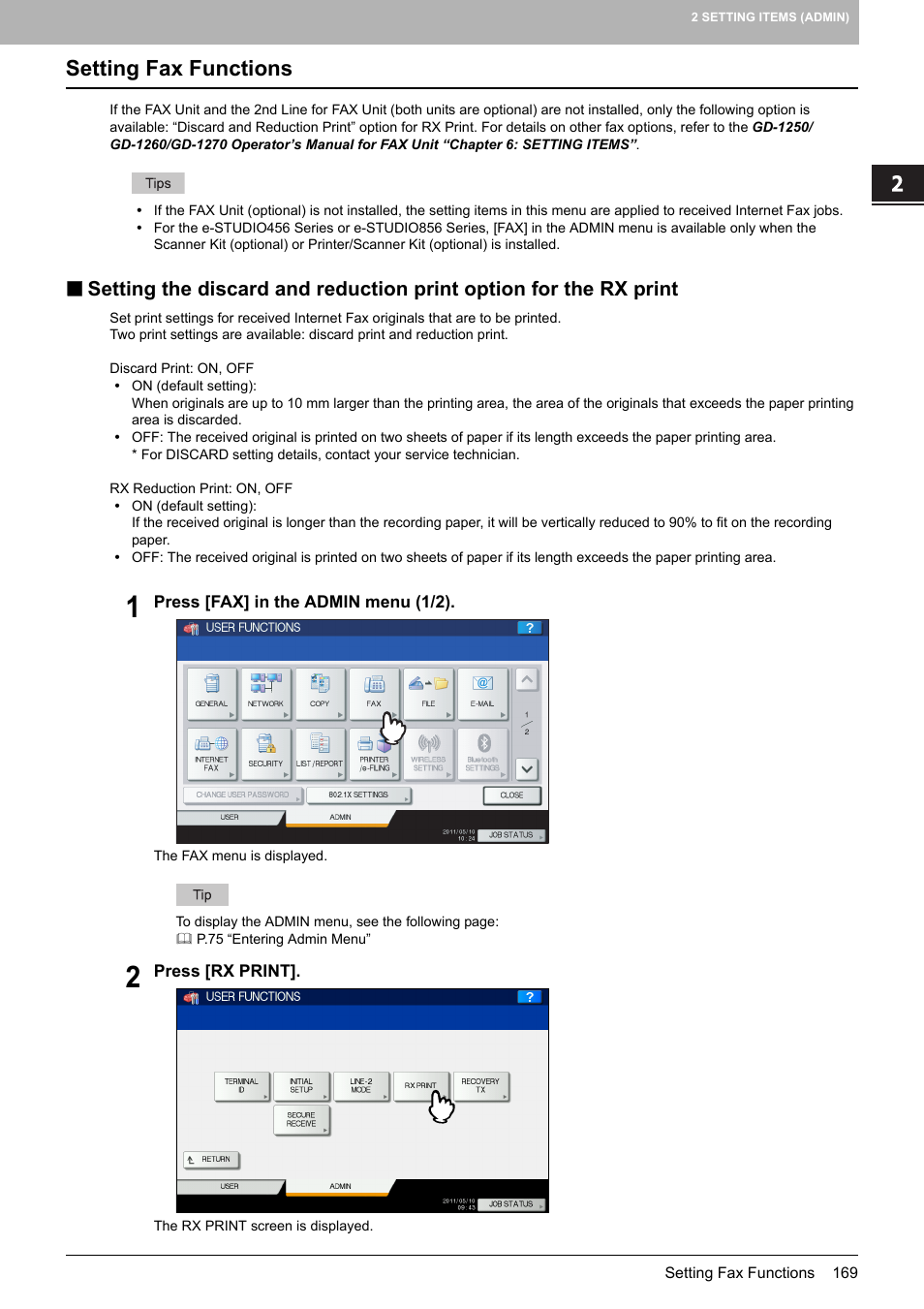 Setting fax functions, P.169 “setting fax functions | Toshiba multifunctional digital color systems e-STUDIO4540C User Manual | Page 171 / 282