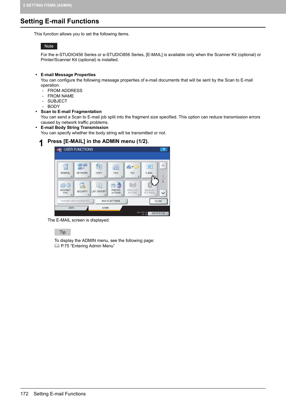 Setting e-mail functions, P.172 “setting e-mail functions | Toshiba multifunctional digital color systems e-STUDIO4540C User Manual | Page 174 / 282