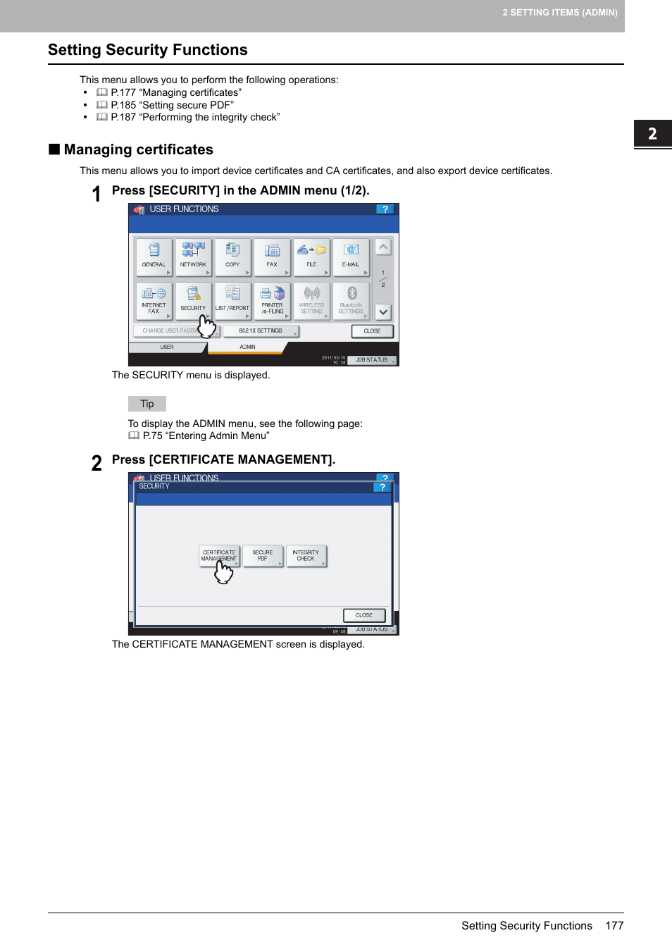 Setting security functions, Managing certificates, P.177 “setting security functions | Toshiba multifunctional digital color systems e-STUDIO4540C User Manual | Page 179 / 282