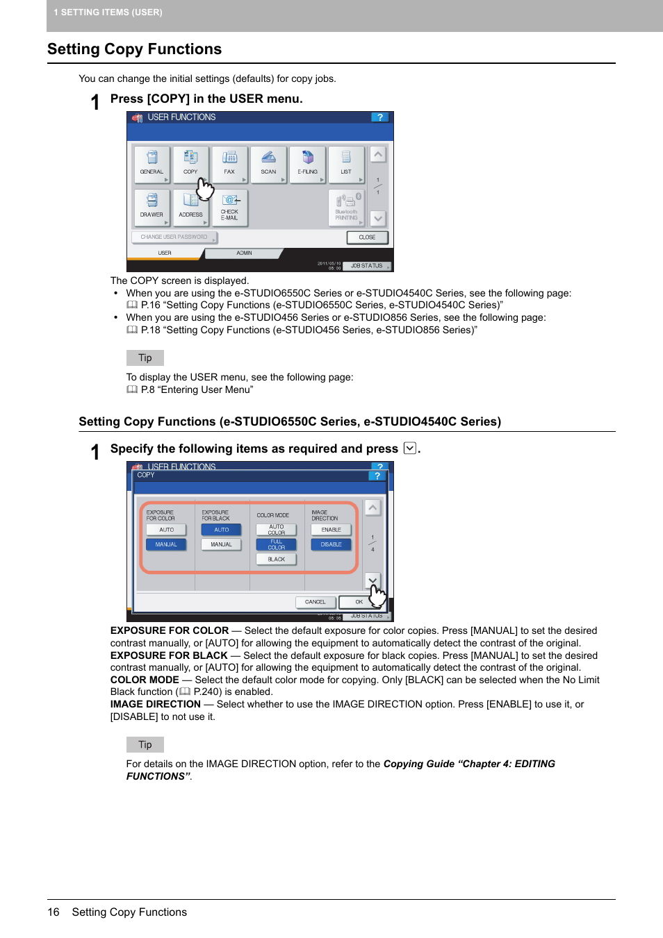 Setting copy functions, P.16 “setting copy functions | Toshiba multifunctional digital color systems e-STUDIO4540C User Manual | Page 18 / 282