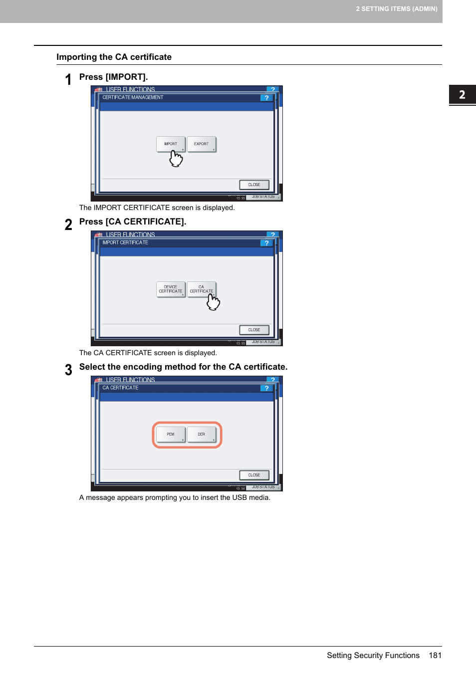 P.181 “importing the ca certificate | Toshiba multifunctional digital color systems e-STUDIO4540C User Manual | Page 183 / 282