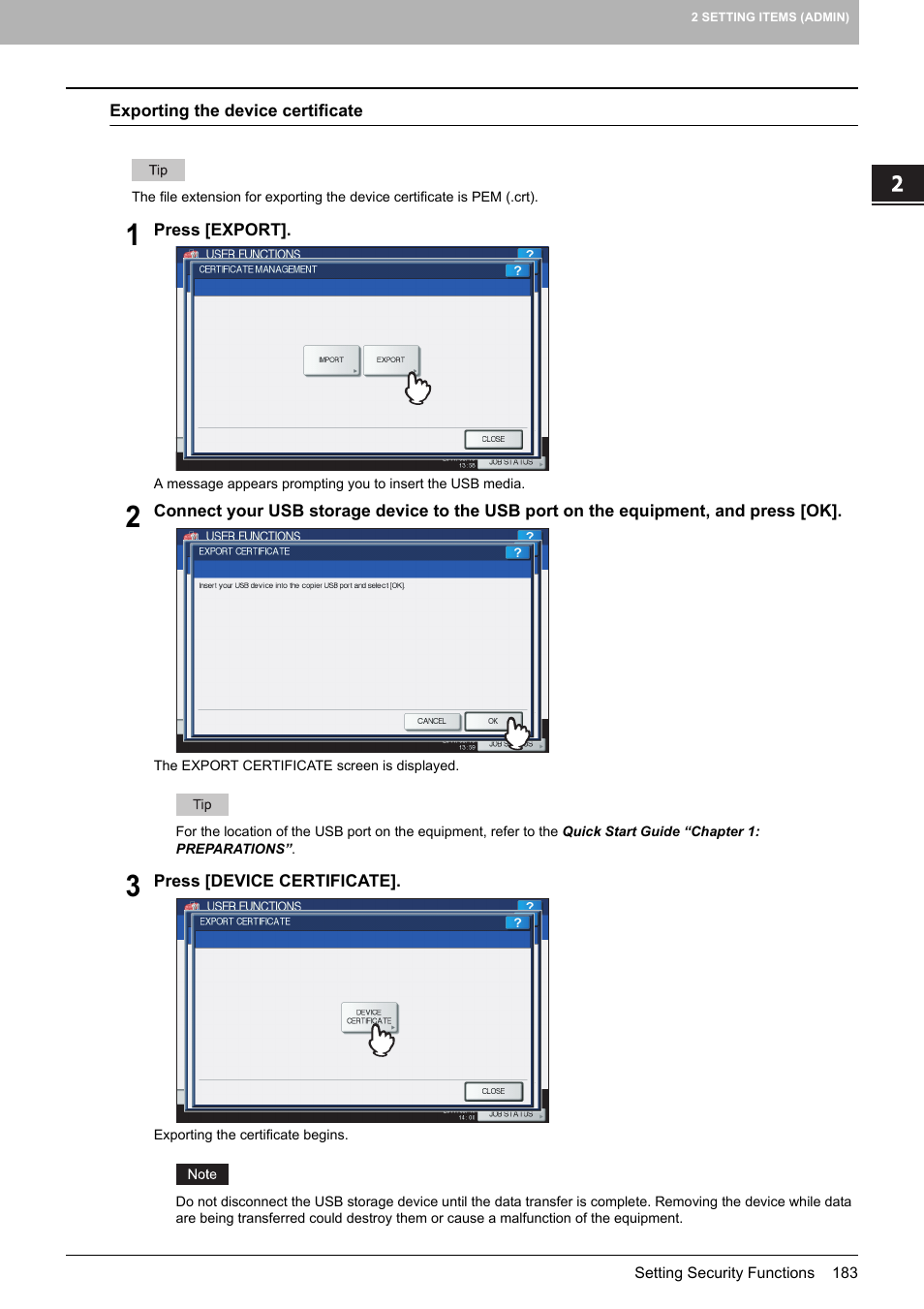 P.183 “exporting the device certificate | Toshiba multifunctional digital color systems e-STUDIO4540C User Manual | Page 185 / 282