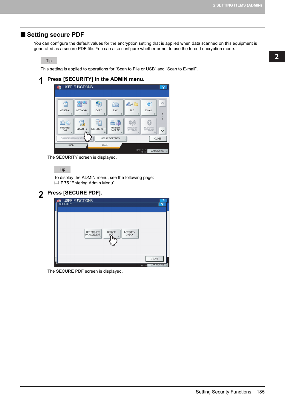 Setting secure pdf, P.185 “setting secure pdf | Toshiba multifunctional digital color systems e-STUDIO4540C User Manual | Page 187 / 282