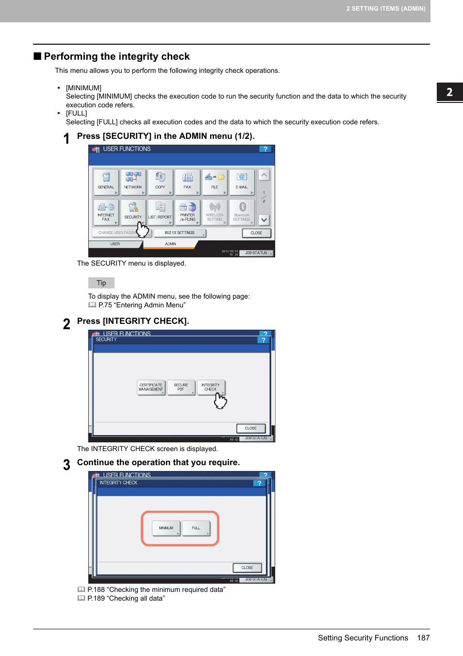 Performing the integrity check, P.187 “performing the integrity check | Toshiba multifunctional digital color systems e-STUDIO4540C User Manual | Page 189 / 282