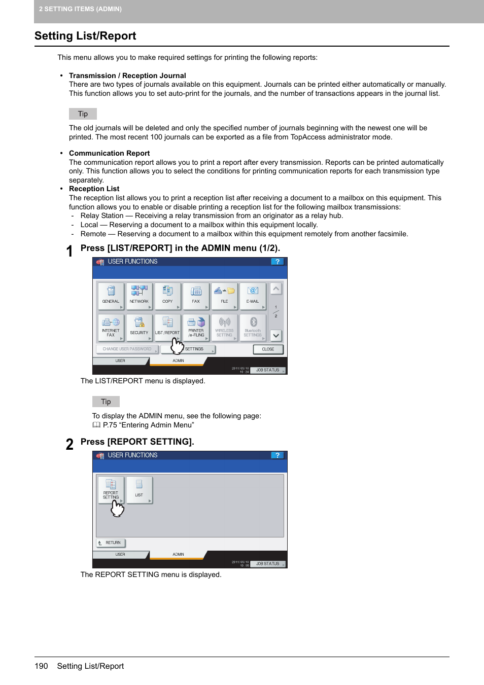 Setting list/report, P.190 “setting list/report | Toshiba multifunctional digital color systems e-STUDIO4540C User Manual | Page 192 / 282